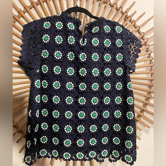 J. Crew Navy & Green Floral Crochet Lace Blouse Cap Sleeve  Preppy Classic Sz M - Picture 8 of 10